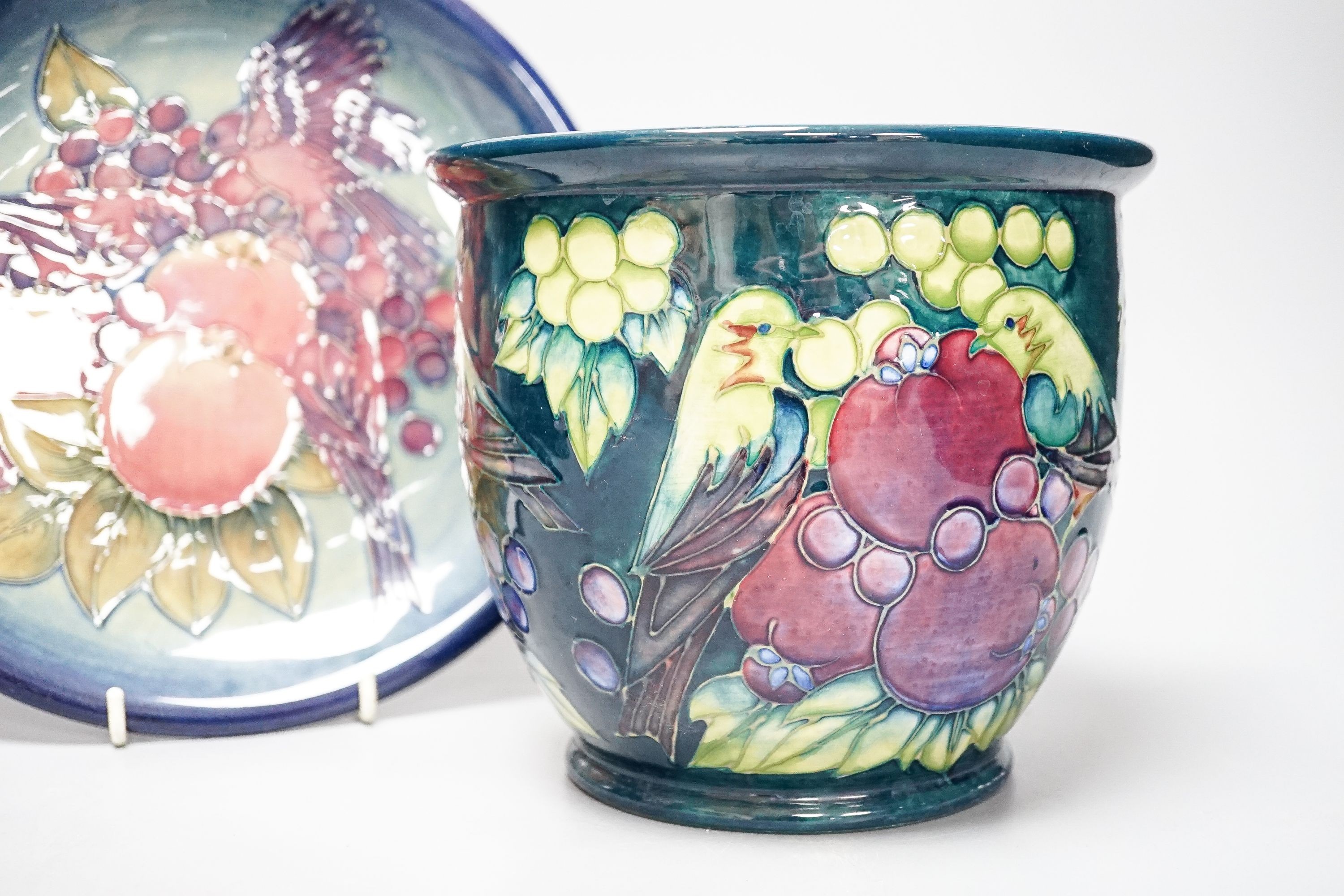 A Moorcroft Finches pattern jardiniere, 16cm high, and a similar Moorcroft dish, circa 1990's